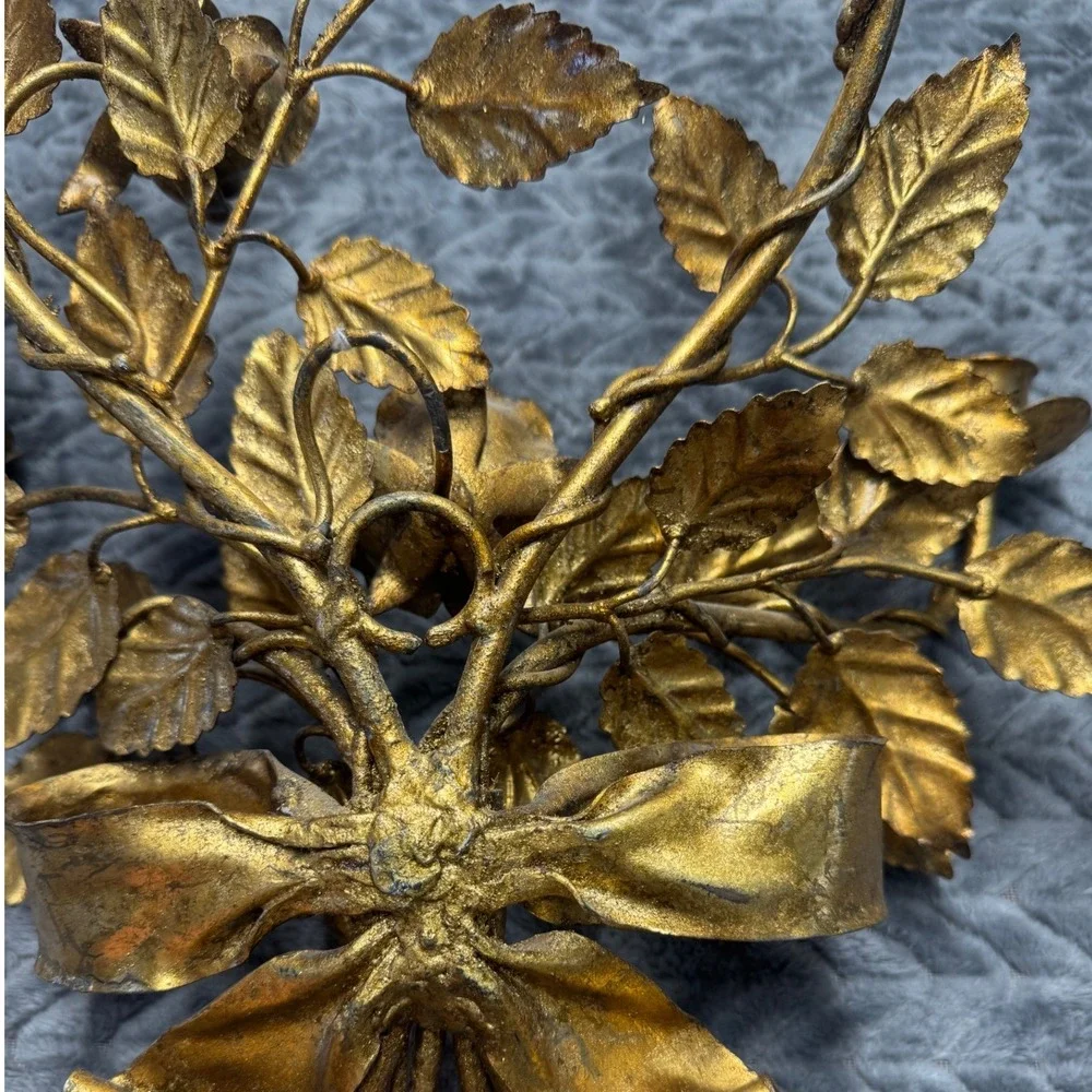 Vintage Gold Gilt Metal Rose Bouquet Wall Sconce Double Candle Holder Florentine